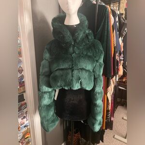 Hunter Green Faux Fur Crop Jacket with Hood